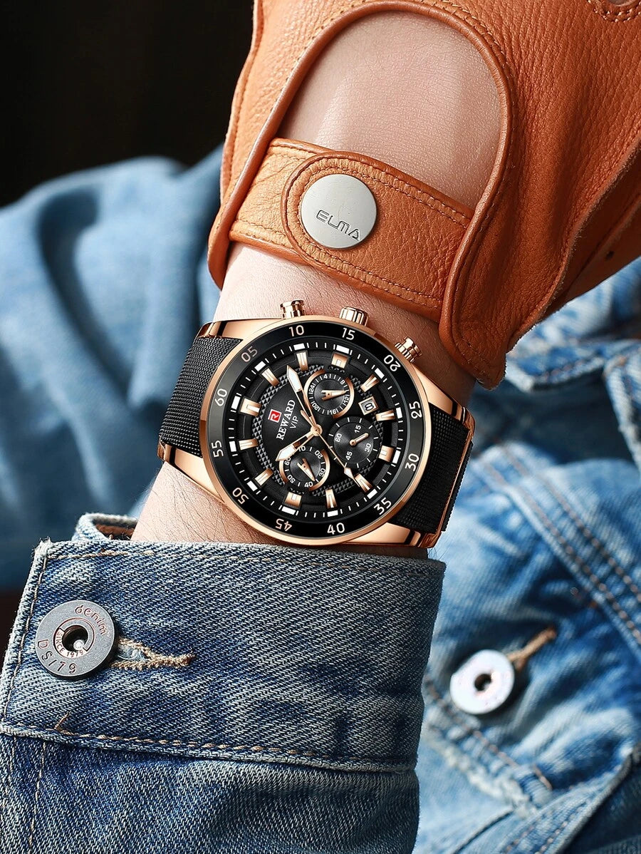 Men's Luxury Quartz Chronograph Watch – Stainless Steel with Luminous Accents