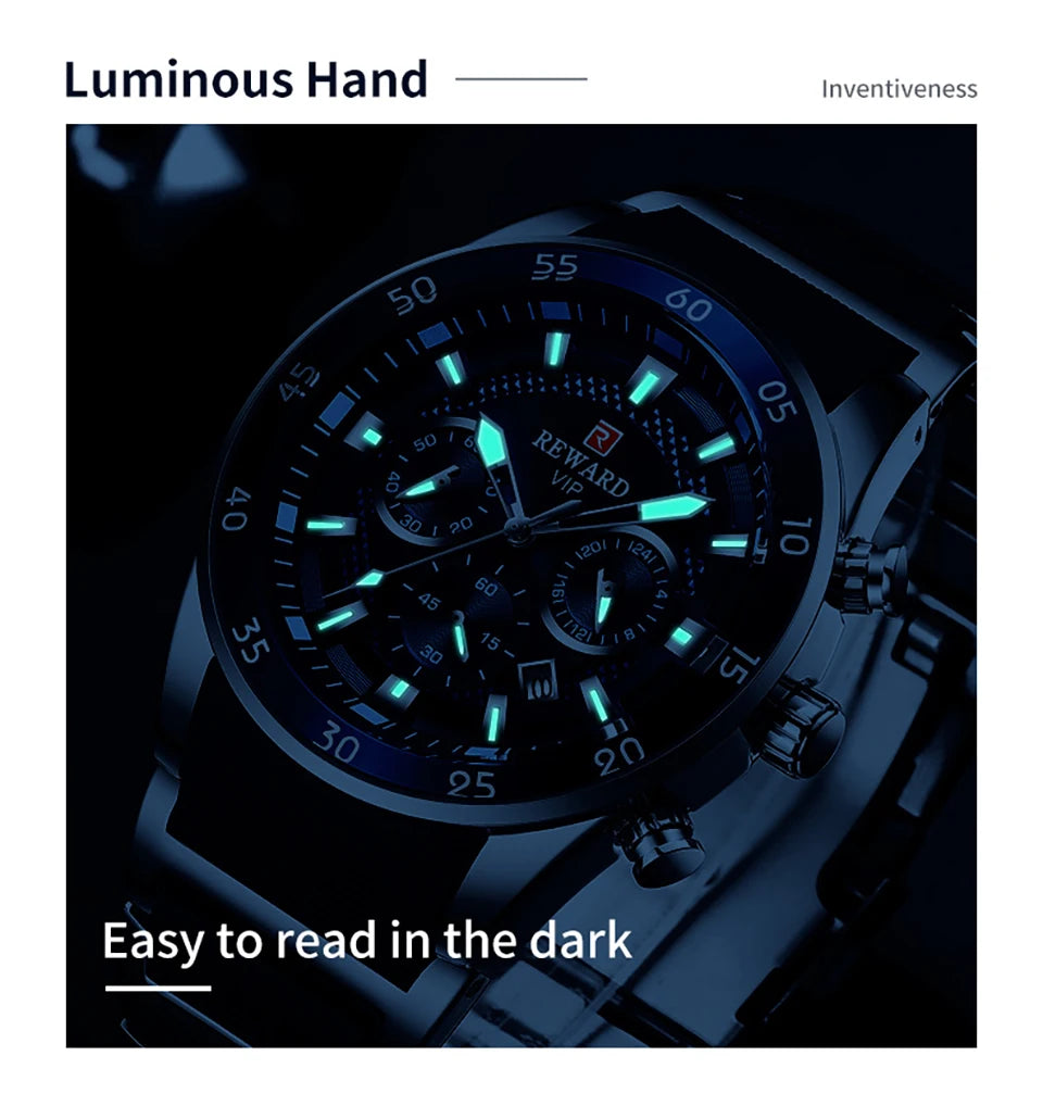 Men's Luxury Quartz Chronograph Watch – Stainless Steel with Luminous Accents